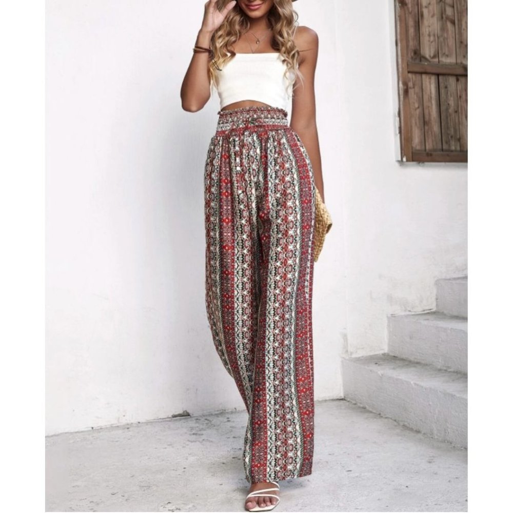 LAST ONE 🔥 Boho Shirred Waist Wide Leg Pant